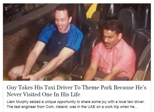 Screen capture of a link posted on Facebook about an Irish man who took his taxi driver to a theme park.